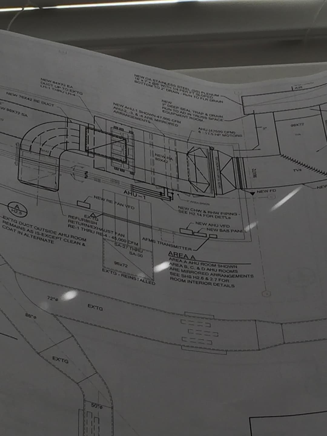 Blueprint detailing ductwork with specifications for HVAC installation and air circulation.